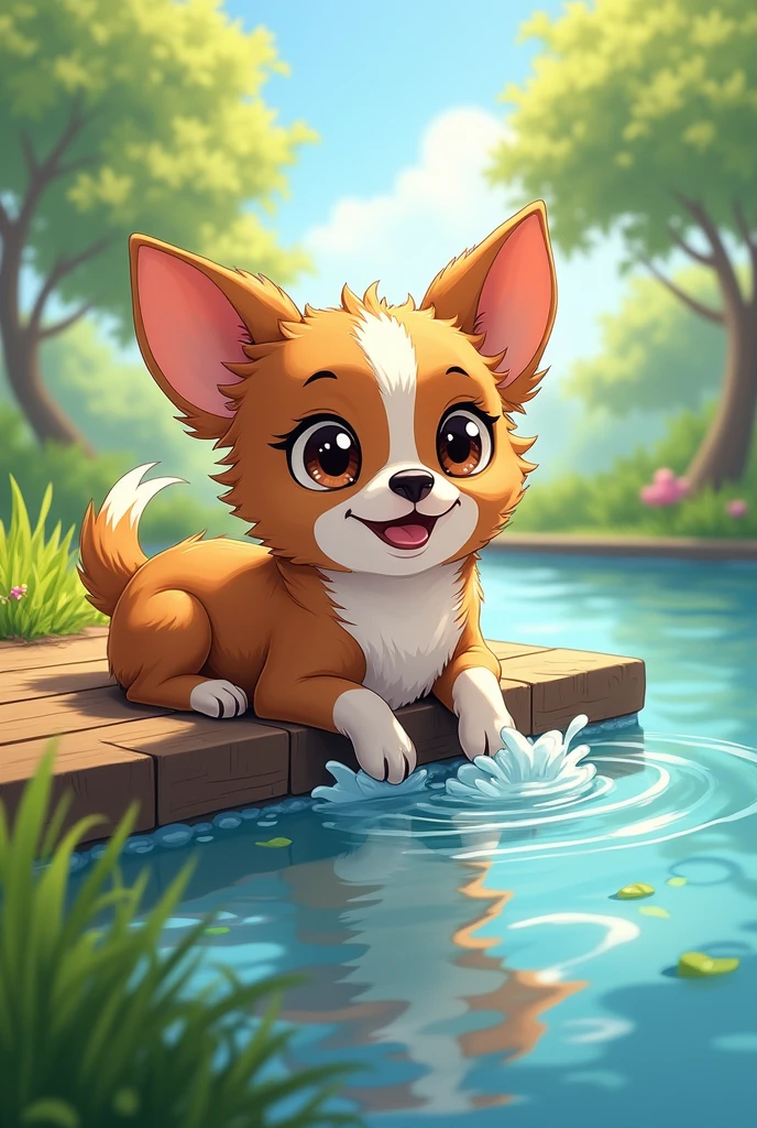 A long-haired Chihuahua lying on a wooden deck and gazing at the surrounding grass The coat is brown with a white center and a white line in the center of the face. He happily jumps into the water and drinks the water. Animated