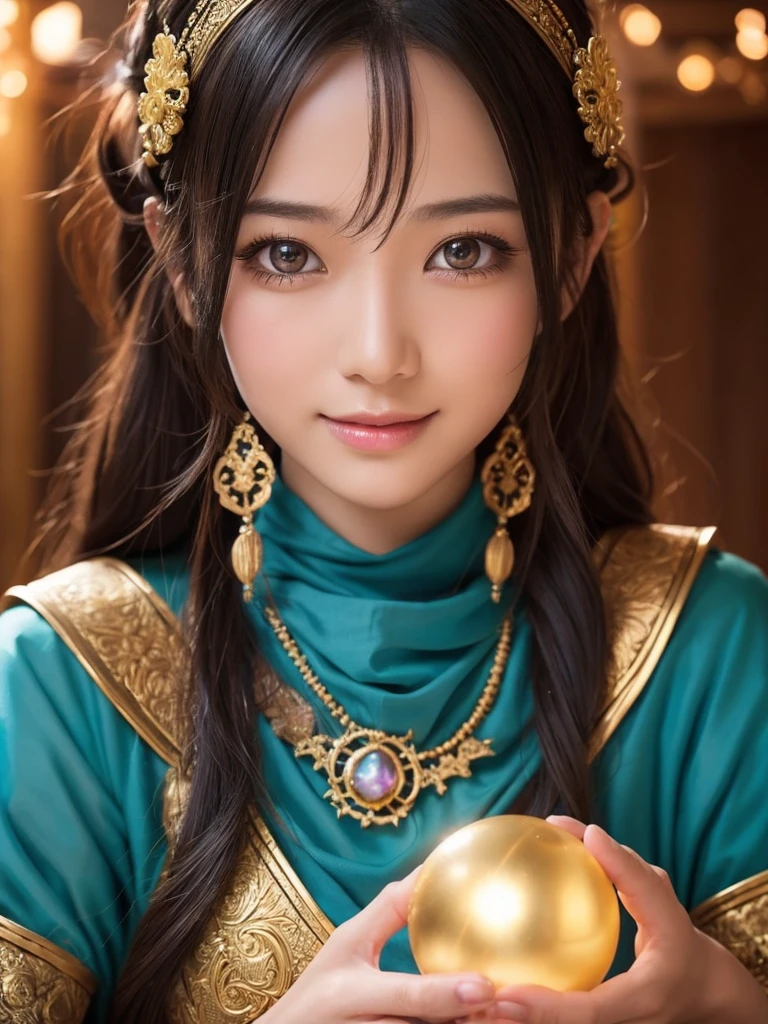 a detailed portrait of Minea the fortune teller from Dragon Quest IV, 1 japanese woman, beautiful detailed eyes, beautiful detailed lips, extremely detailed face and features, long eyelashes, smile,intricate cosplay, alchemist costume, fantasy, JRPG, digital painting, cinematic lighting, dramatic pose, warm color palette, masterpiece, 8K, photorealistic, highly detailed, concept art style