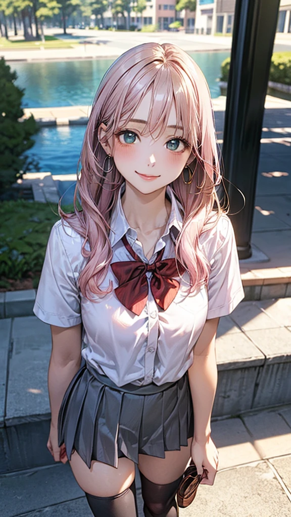 (masterpiece:1.2, top-quality), (realistic, photorealistic:1.4), beautiful illustration, (natural side lighting, movie lighting), 
looking at viewer, cowboy shot, front view:0.6, 1 girl, japanese, high school girl, perfect face, cute and symmetrical face, shiny skin, 
(long hair:1.8, straight hair:1.7, light pink hair), parted bangs, emerald green eyes, long eye lasher, (large breasts:0.9, thick thighs), 
beautiful hair, beautiful face, beautiful detailed eyes, beautiful clavicle, beautiful body, beautiful chest, beautiful thigh, beautiful legs, beautiful fingers, 
((white collared shirts, grey pleated mini skirt, , black socks, brown loafers, red bow tie)), hoop ring earrings, pink panties, 
(beautiful scenery), evening, riverside, walking, hands on chest, (lovely smile, upper eyes), acting very naughty