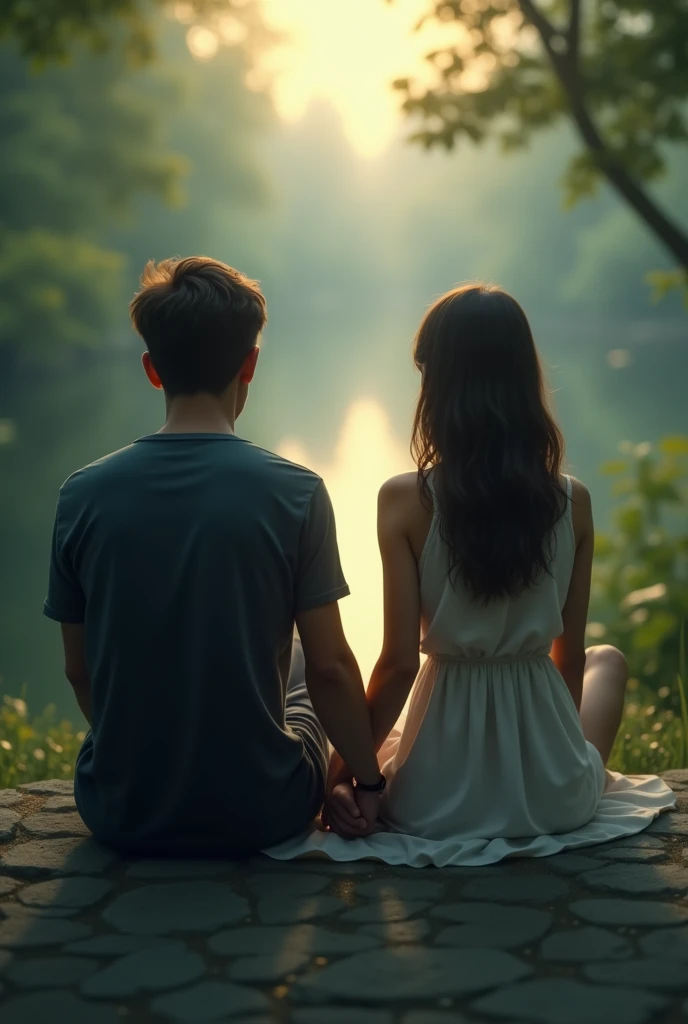 A woman and a man holding hands while sitting down, their faces hidden from view, as seen from behind