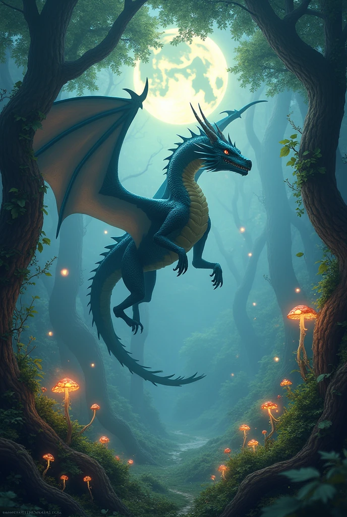Dragon in an enchanted forest with mystical lights and magical creatures around