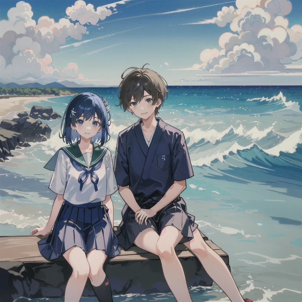 ((最high quality, 8k, masterpiece: 1.3, Ultra HD, high quality, 最high quality, High resolution, realism)) 、Two people、Two peopleの女子、Very beautiful 18 year old Japanese schoolgirl、I'm wearing a sailor suit、Wearing a navy blue pleated skirt、Wear loafers、Her hair color is light brown.、black eye、Medium Hair、Straight hair、smile、sit on a high breakwater on the beach、The blue sky is beautiful、There is a road in front of the breakwater...、The sea is beautiful、Beautiful horizon、 An island can be seen offshore、Entering the clouds above the horizon、Island Lighthouse