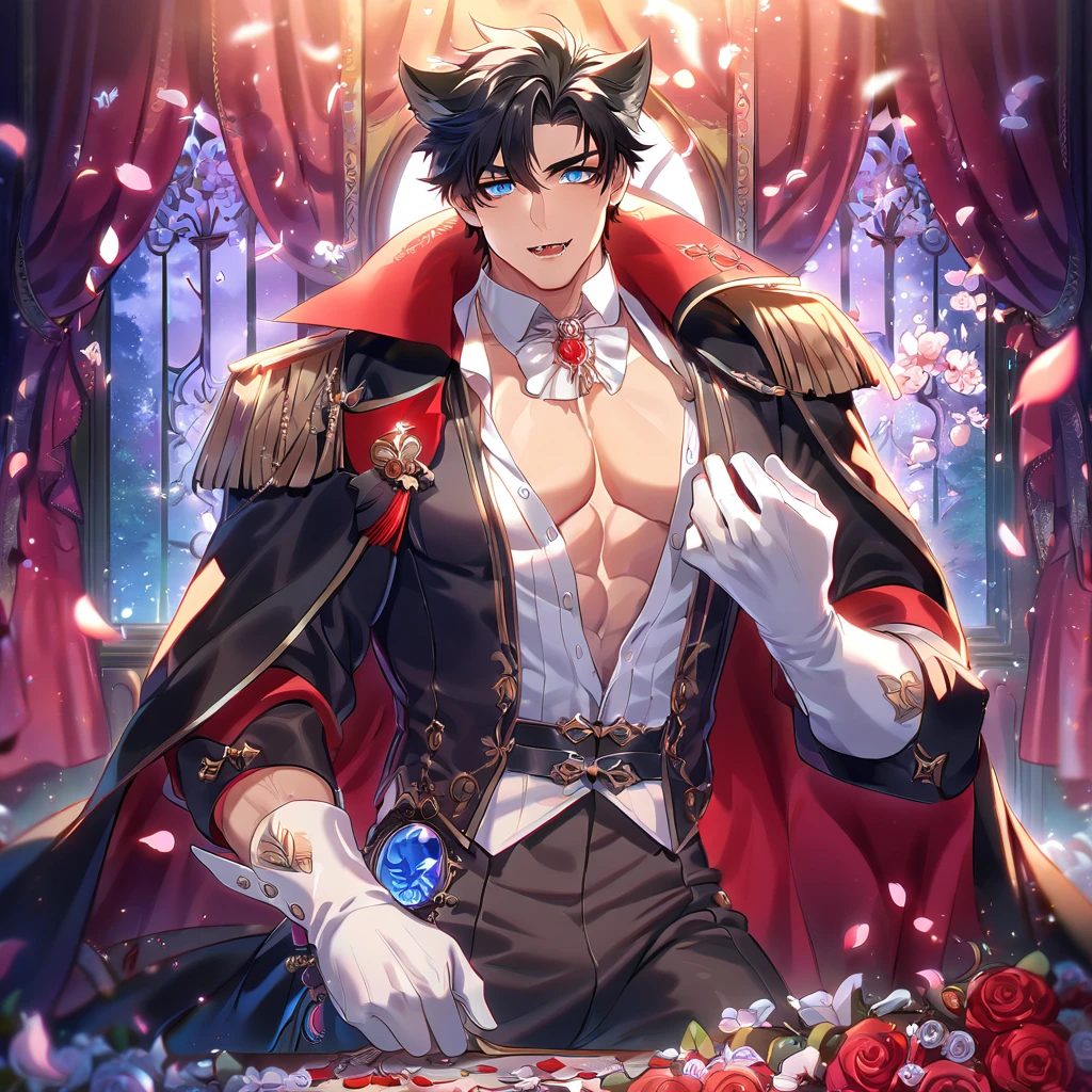 absurdres, highres, ultra detailed, HDR, master piece, best quality, perfect face, beautiful eyes, Wriothesley, black hair, expressive blue eyes, Genshin Impact, solo, sexy man, handsome, horny, lewd, vampire clothes, black cape, white gloves, accessories, showing the chest, vampire, fangs, luxurious room, night, window, red curtains, petals, magical, fantasy, Nu Carnival