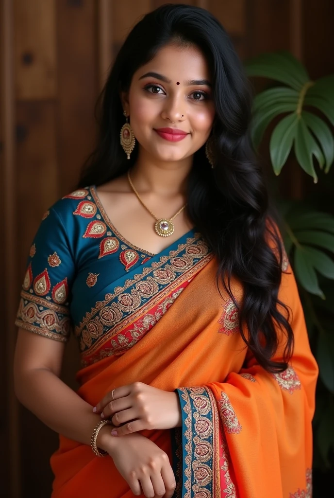 Nazriya Nazim beautiful undress no cloth different cute Indian face Indian girl, big bulky m-cup breast, curvy plus size body figure, Celestial Motifs Embroidery different colorful t-shirt, different colorful Celestial Motifs Embroidery Wearing a Banarasi saree politely, different hairstyle, bright eyes, thin eyebrows, fair skin, blushing cheeks, head to thigh close up view, smiling face, ultra realistic skin texture, Straight front view standing, beautiful different Recording Vinyl Studio background, ultra realistic, close up head to thigh view, black hair, Provocative eye Contact, glossy lipstick, attractive eye contract face, big bulky breast, lighting shadows effect