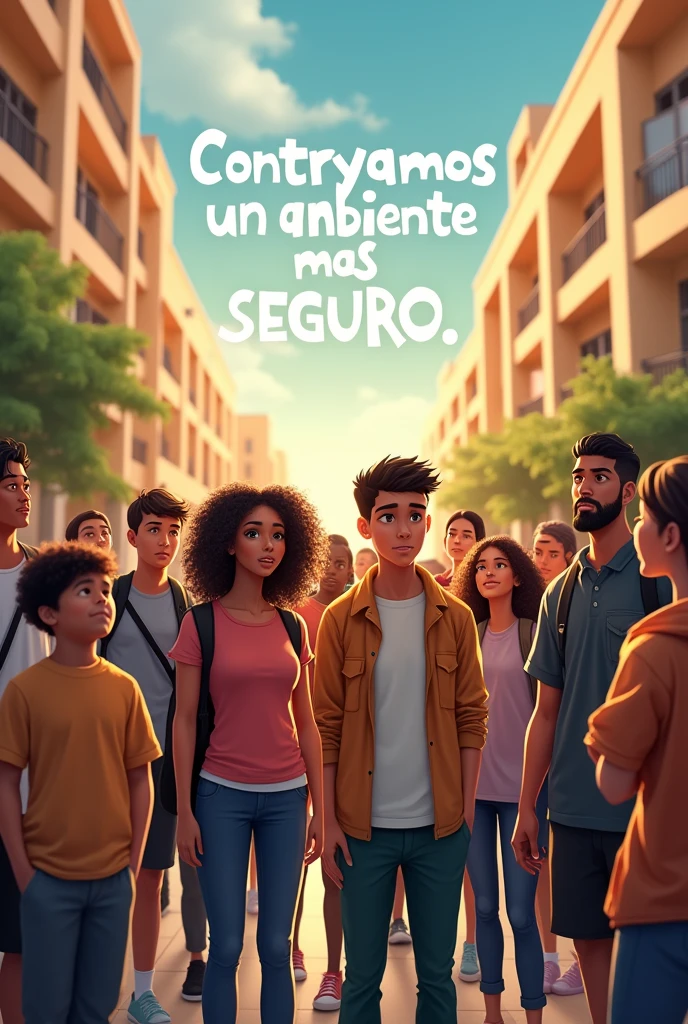 Translate it to English with specific details of what I want:

Create an image that conveys education, peace, and a fight against school violence, and includes the message "Construyamos un ambiente más seguro" in Spanish.
