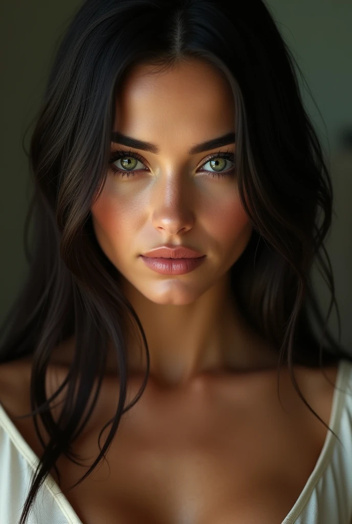 Portrait of a young girl with straight hair of 24 years old very realistic with an Arab or Turkish look with a sexually desirous look and the whole body visible and a resemblance to 50% with abella danger with very realistic green eyes and with the face clearly visible
