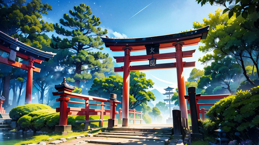 "A serene Japanese scenery at dusk, featuring a rustic torii gate in aged wood, located in the middle of nature. The sky above is filled with bright stars, gently illuminating the environment. The colors are soft and delicate, like in a watercolor painting, with shades of blue, lilac, AND verde, creating a calm and mystical atmosphere. The torii gate, with time-worn details, contrasts with the celestial background, enquanto a vegetação ao redor é representada em tons suaves dAND verde e cinza."