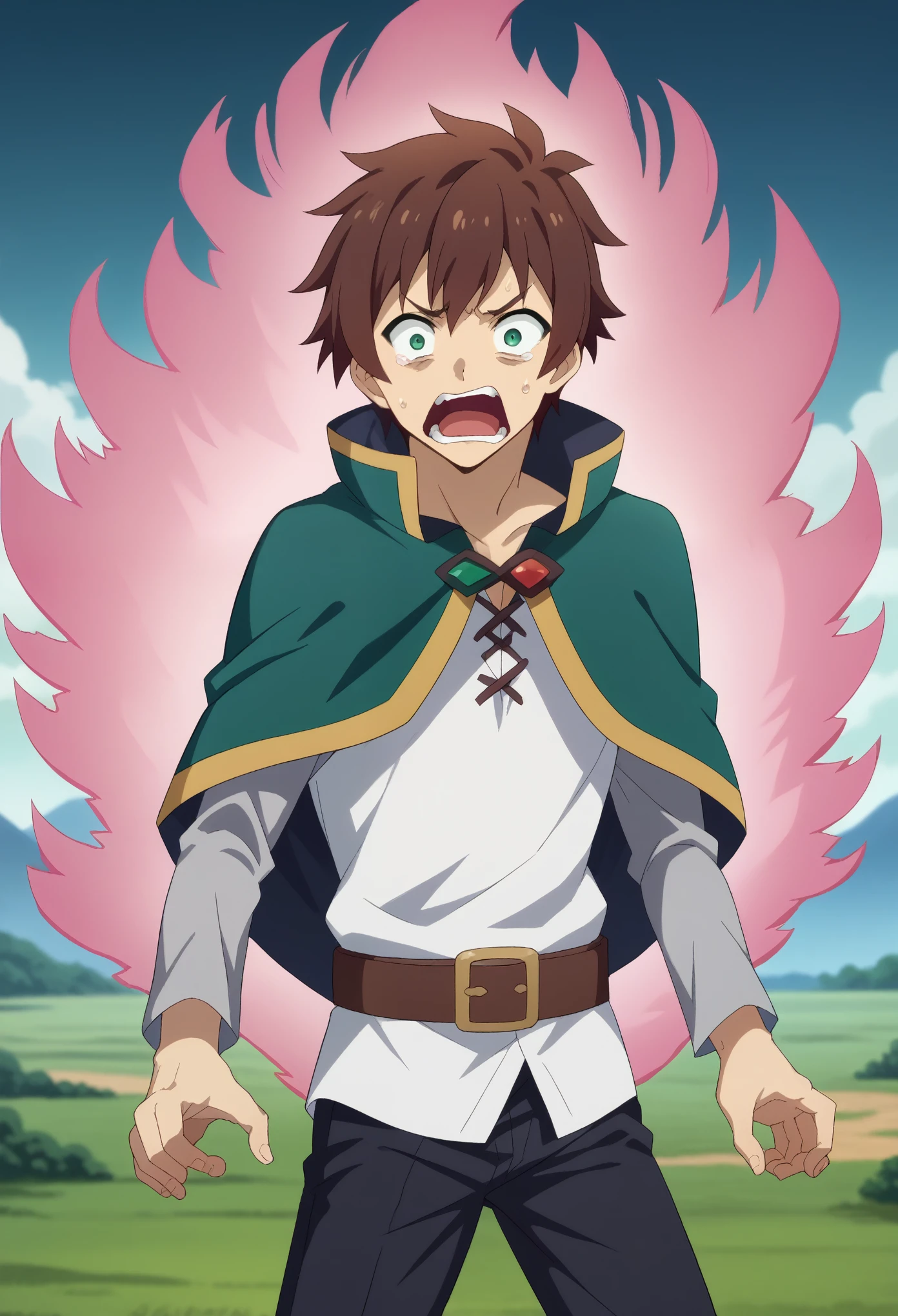 score_9, score_8_up, score_7_up, 1boy, solo, male focus, kazuma satou, short hair, brown hair, green eyes,shirt, long sleeves, white shirt, belt, black pants, capelet, brown belt, standing, scared face, open mouth, pink  aura, aura around own body, looking at you, landscape,
