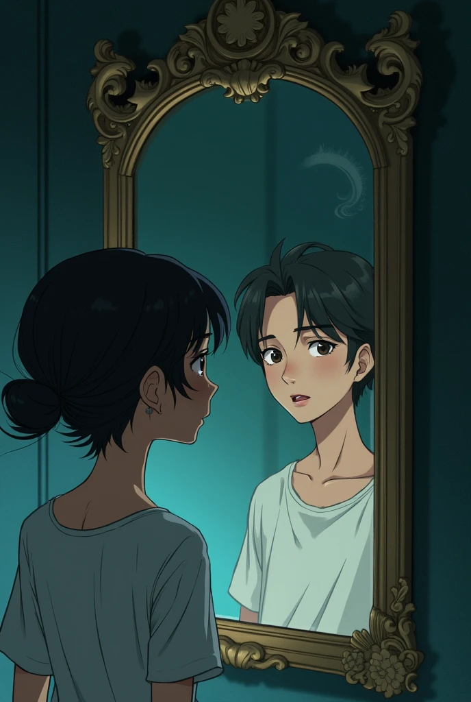 A girl seeing her other self which is a man in a mirror. Make them as painting or amine caracters 
