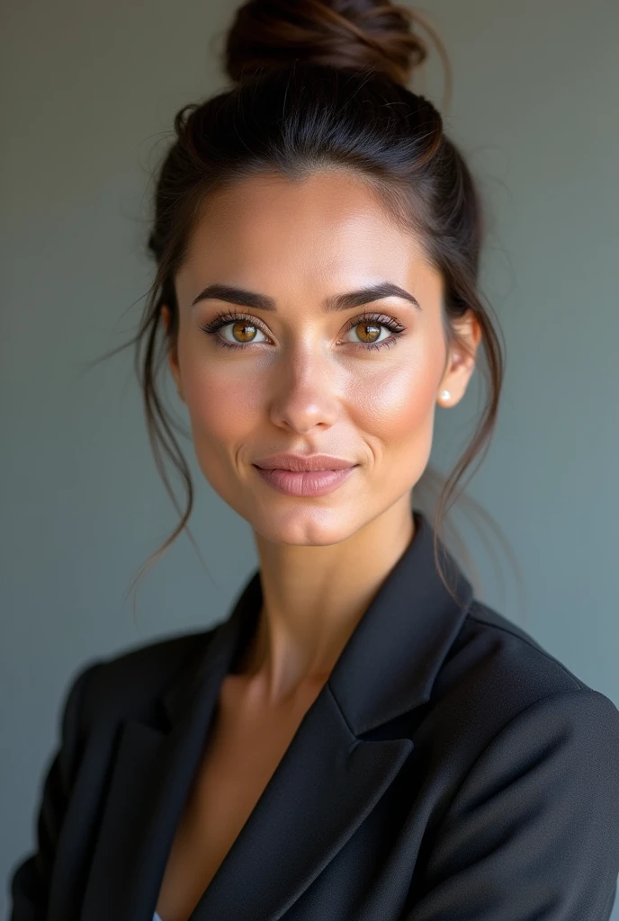 Create an image of Laura, a 35-year-old financial manager. She has dark brown hair tied into a sleek bun, light brown eyes full of determination, and is wearing a tailored suit.