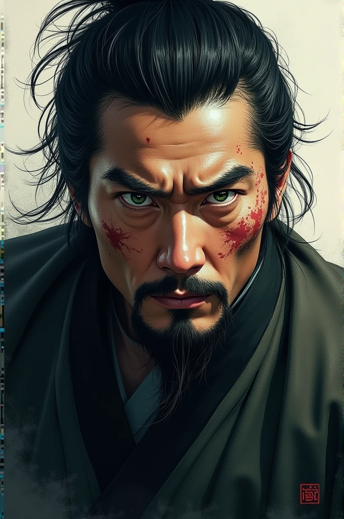 boy, Cao Cao, stark, dark hair, scars, greeneyes.