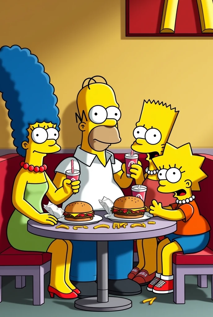 Simpsons eating burgers and fries at Mc Donald