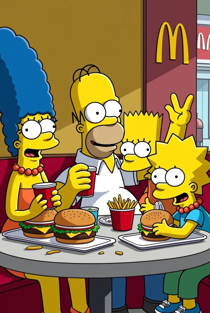 Simpsons eating burgers and fries at Mc Donald