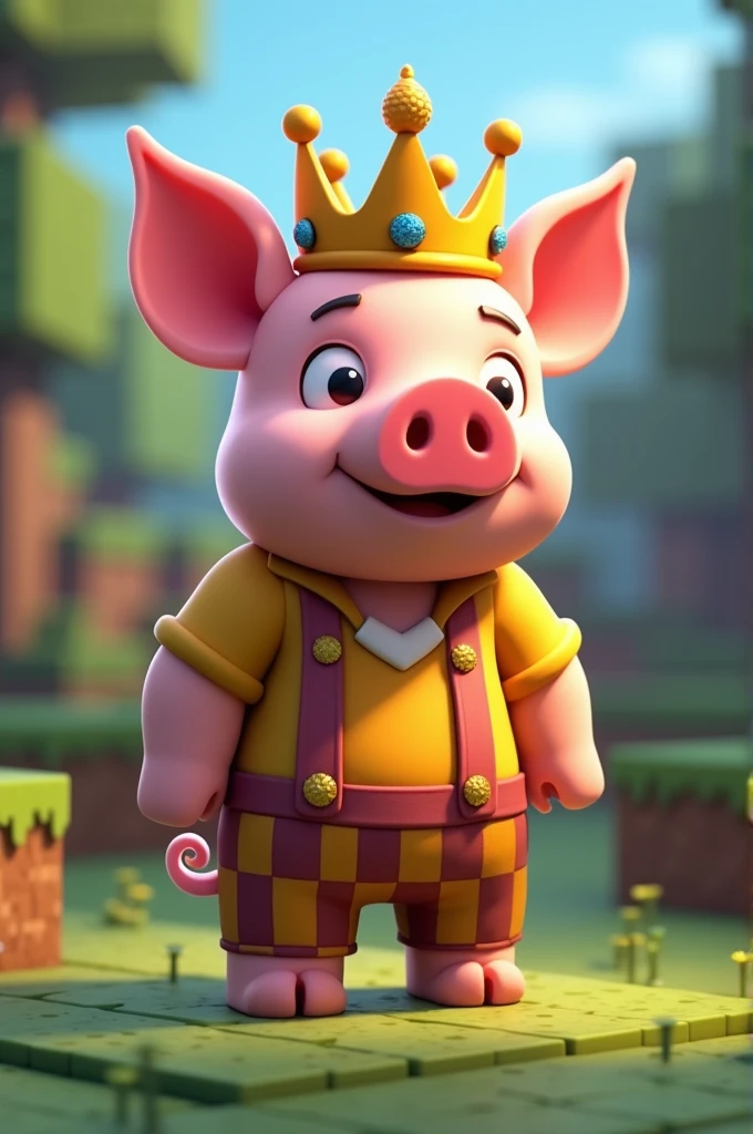 pig with king crown and king shirt and checkered pants.cartoon style Minecraft