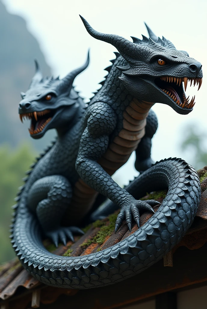 Fierce serpent-like creatures with open jaws, sharp dagger-like teeth, and narrow, predatory eyes status. Their muscular, elongated bodies are covered in detailed scales, with coiled tails that anchor them to the roof's edge. Made from dark, polished stone or metal, with a metallic sheen that highlights their menacing, protective presence.