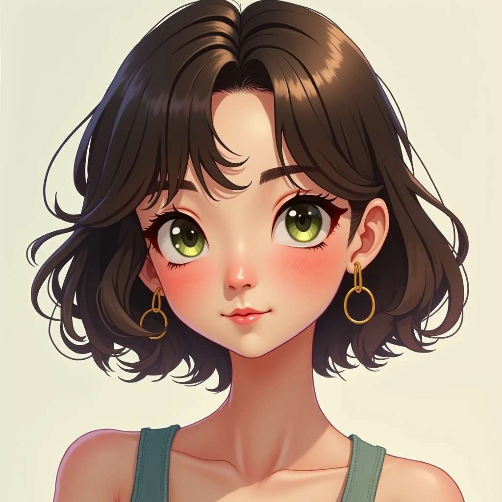 You described a charming young girl with a very specific style.. I will help you visualize the character in 3D comic style..
she is 17 years old, with an angelic face that exudes innocence and sweetness. Your skin is clear and smooth, contrasting with her short, curly hair, of a deep dark brown, that fall delicately around the face. Her eyes are large and light green., transmitting a feeling of tranquility and shyness.
a style that combines comfort, casualness and a modern touch, with sporty influence and vintage elements.
