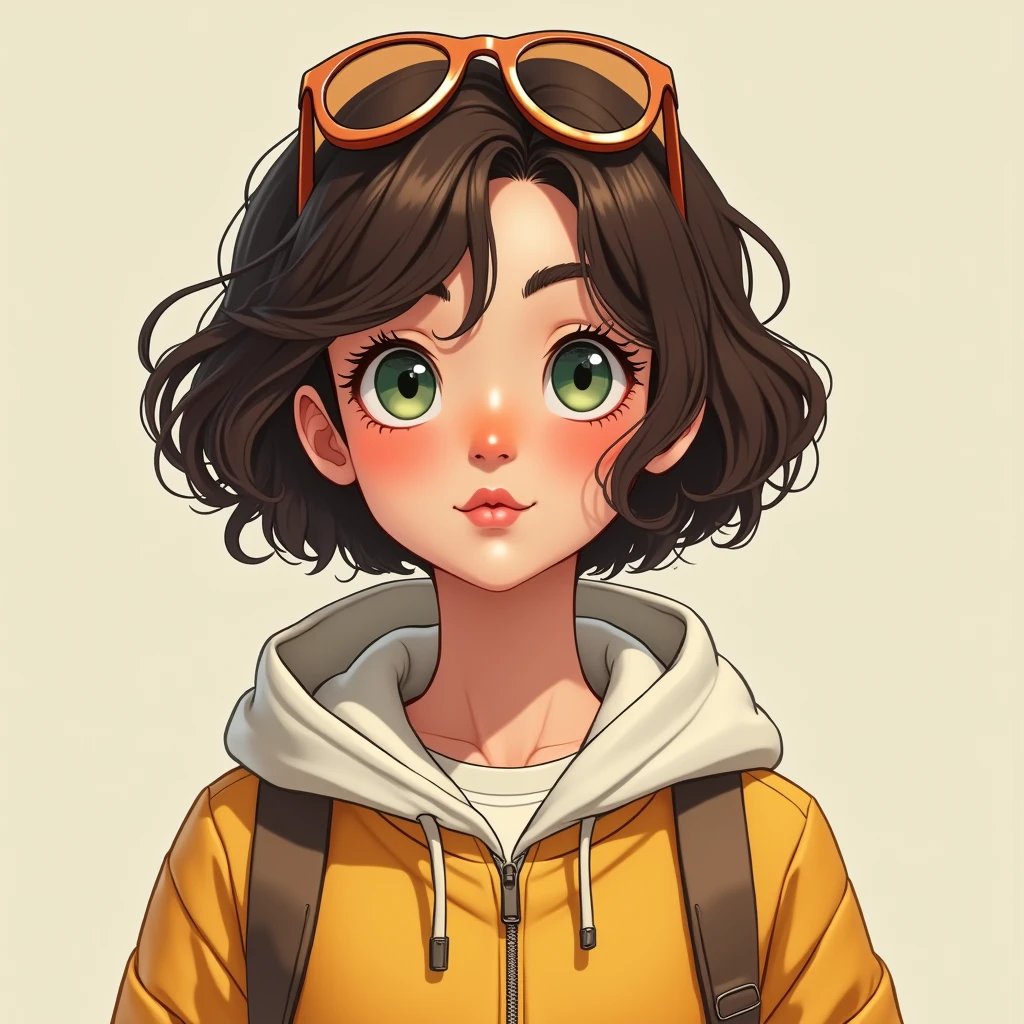 You described a charming young girl with a very specific style.. I will help you visualize the character in 3D comic style..

she is 17 years old, with an angelic face that exudes innocence and sweetness. Your skin is clear and smooth, contrasting with her short, curly hair, of a deep dark brown, that fall delicately around the face. Her eyes are large and light green., transmitting a feeling of tranquility and shyness. 

a style that combines comfort, casualness and a modern touch, with sporty influence and vintage elements.