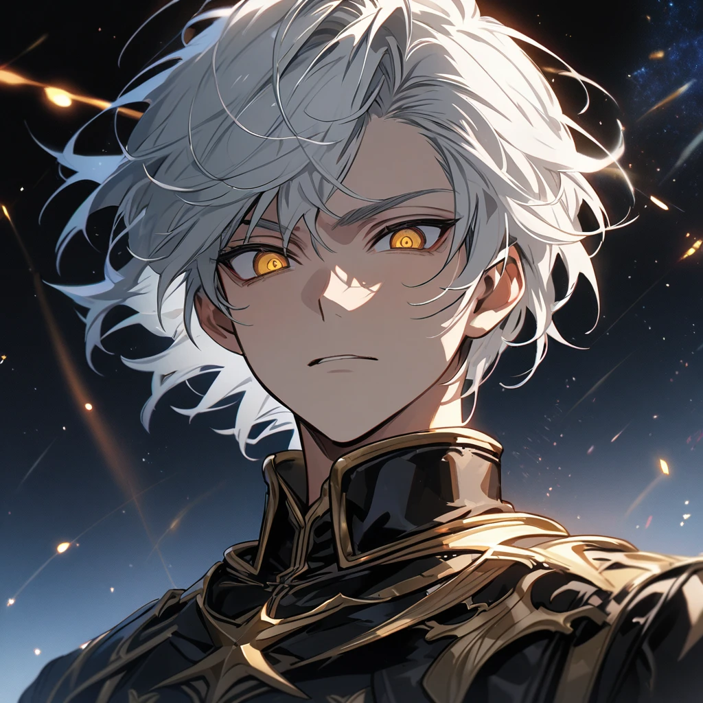 High quality, HD, 4k, no shadows, handsome male, 1male, 17 years old, teenager, short white hair, silver hair, white hair, sharp eyes, dark golden colored eyes, deep golden eyes, dark gold eyes, gold eyes, devil may cry, close up, calm expression, stoic expression, black leather clothes, white leather clothing, lean body, well trained body, upper body, looking at viewer, cowboy shot, white solar, space background