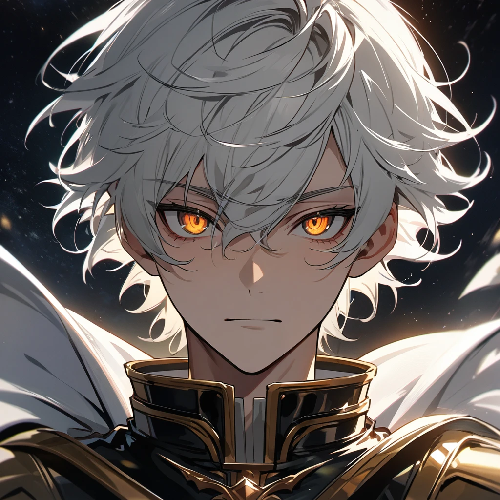 High quality, HD, 4k, no shadows, handsome male, 1male, 17 years old, teenager, short white hair, silver hair, white hair, sharp eyes, dark golden colored eyes, deep golden eyes, dark gold eyes, gold eyes, devil may cry, close up, calm expression, stoic expression, black leather clothes, white leather clothing, lean body, well trained body, upper body, looking at viewer, cowboy shot, white solar, space background