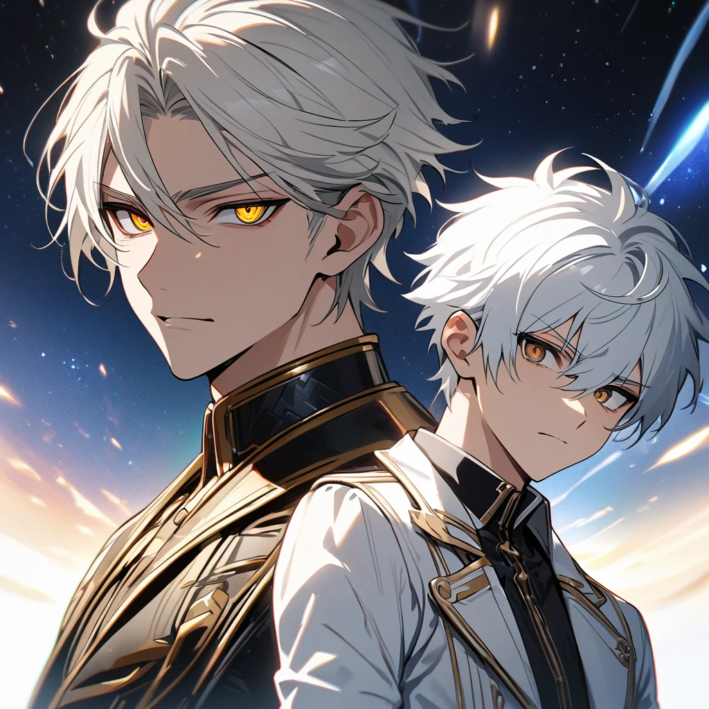 High quality, HD, 4k, no shadows, handsome male, 1male, 17 years old, teenager, short white hair, silver hair, white hair, sharp eyes, dark golden colored eyes, deep golden eyes, dark gold eyes, gold eyes, devil may cry, close up, calm expression, stoic expression, black leather clothes, white leather clothing, lean body, well trained body, upper body, looking at viewer, cowboy shot, white solar, space background