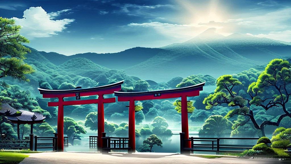 "A serene Japanese scenery at dusk, featuring a rustic torii gate in aged wood, located in the middle of nature. The sky above is filled with bright stars, gently illuminating the environment. The colors are soft and delicate, like in a watercolor painting, with shades of blue, lilac, AND verde, creating a calm and mystical atmosphere. The torii gate, with time-worn details, contrasts with the celestial background, enquanto a vegetação ao redor é representada em tons suaves dAND verde e cinza."
