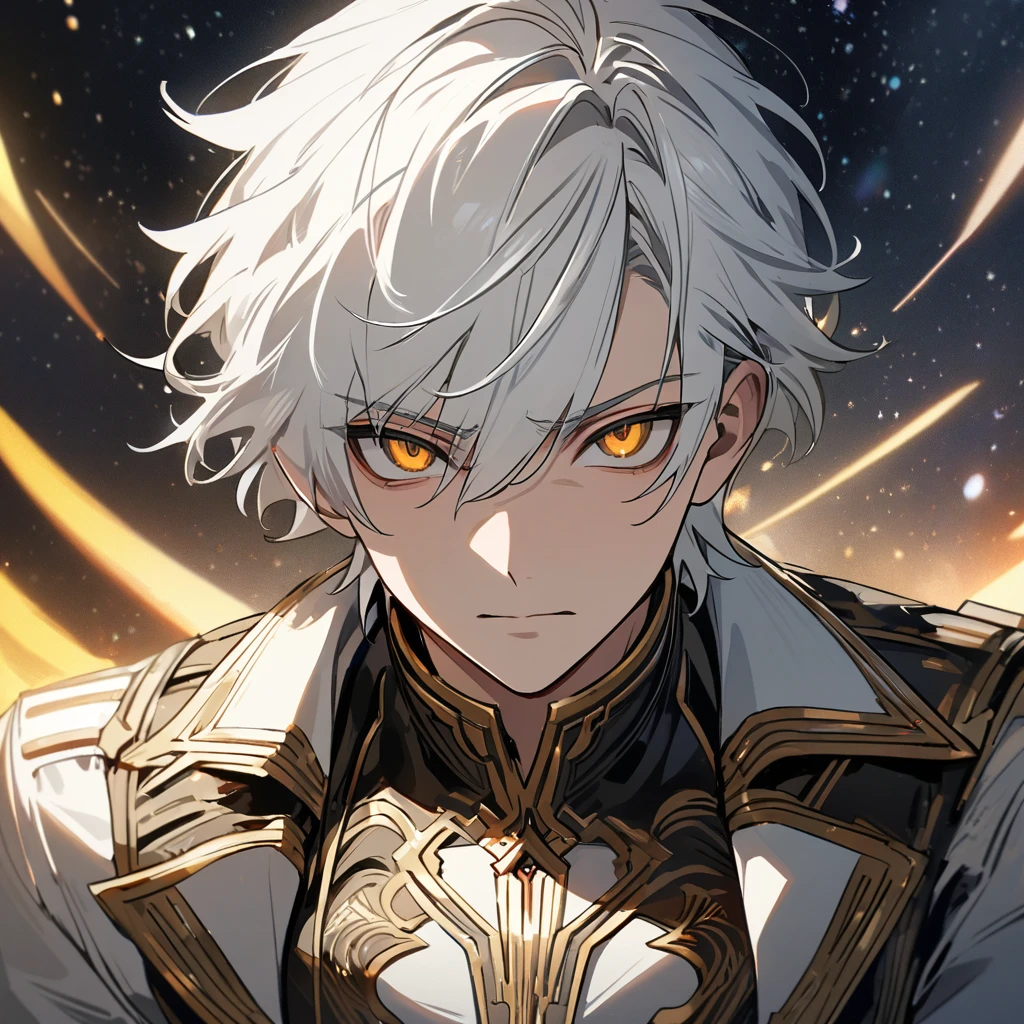 High quality, HD, 4k, no shadows, handsome male, 1male, , teenager, shwhite hair, silver hair, white hair, sharp eyes, dark golden colored eyes, deep golden eyes, dark gold eyes, gold eyes, devil may cry, close up, calm expression, stoic expression, black leather clothes, white leather clothing, lean body, well trained body, upper body, looking at viewer, cowboy shot, white solar, space background