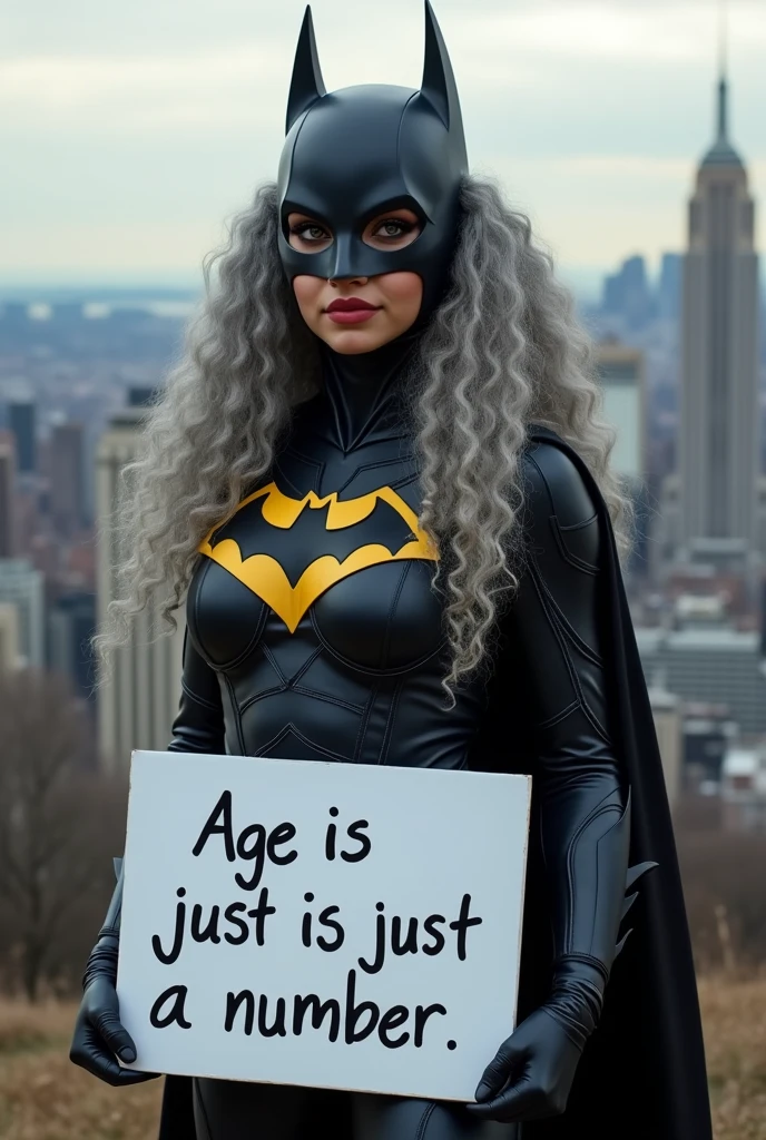 A beautiful youthful looking Hispanic version of a gray haired Ariana Grande as a 50 years old woma n with long her completely gray hair in a big curls styles as the superhero batwoman wearing a batw oman costume with a hood standing on top of a hil I overlooking a big city holding a white board with text "I age is just a number" and showing it to the viewer