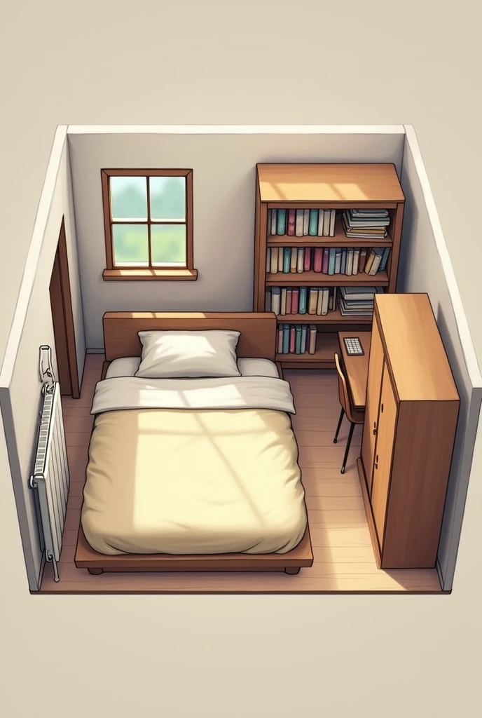 2,Design a room with a single bed, a bookcase, a large wardrobe and a desk in a 5 m² square room with a window and a radiator in the middle on the north side and a door on the left side on the south side.
