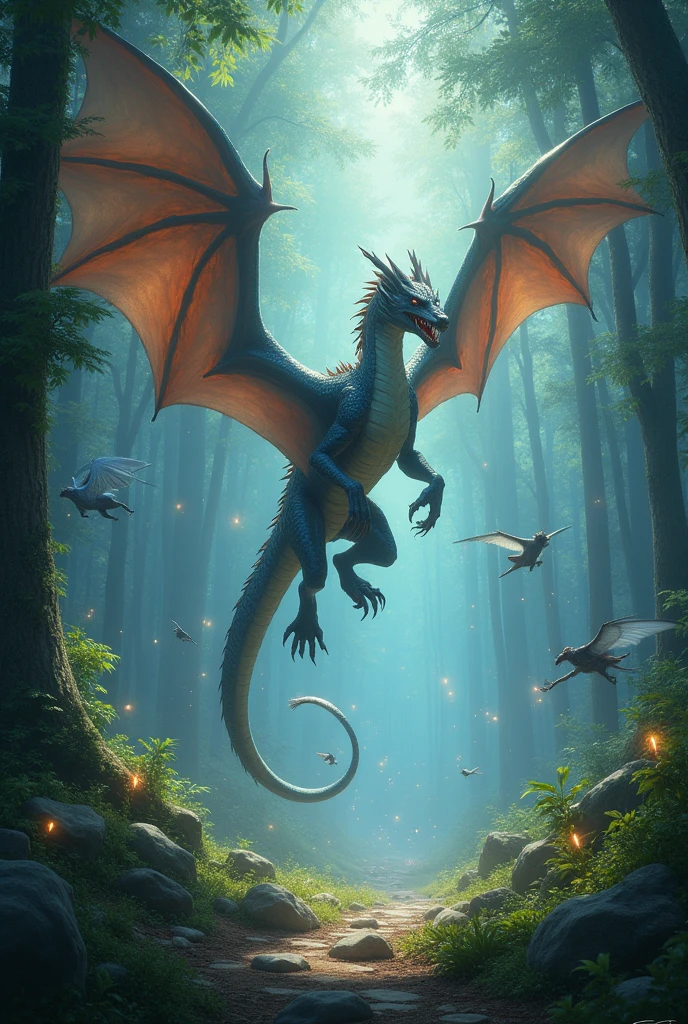 Dragon in an enchanted forest with mystical lights and "magical creatures around'