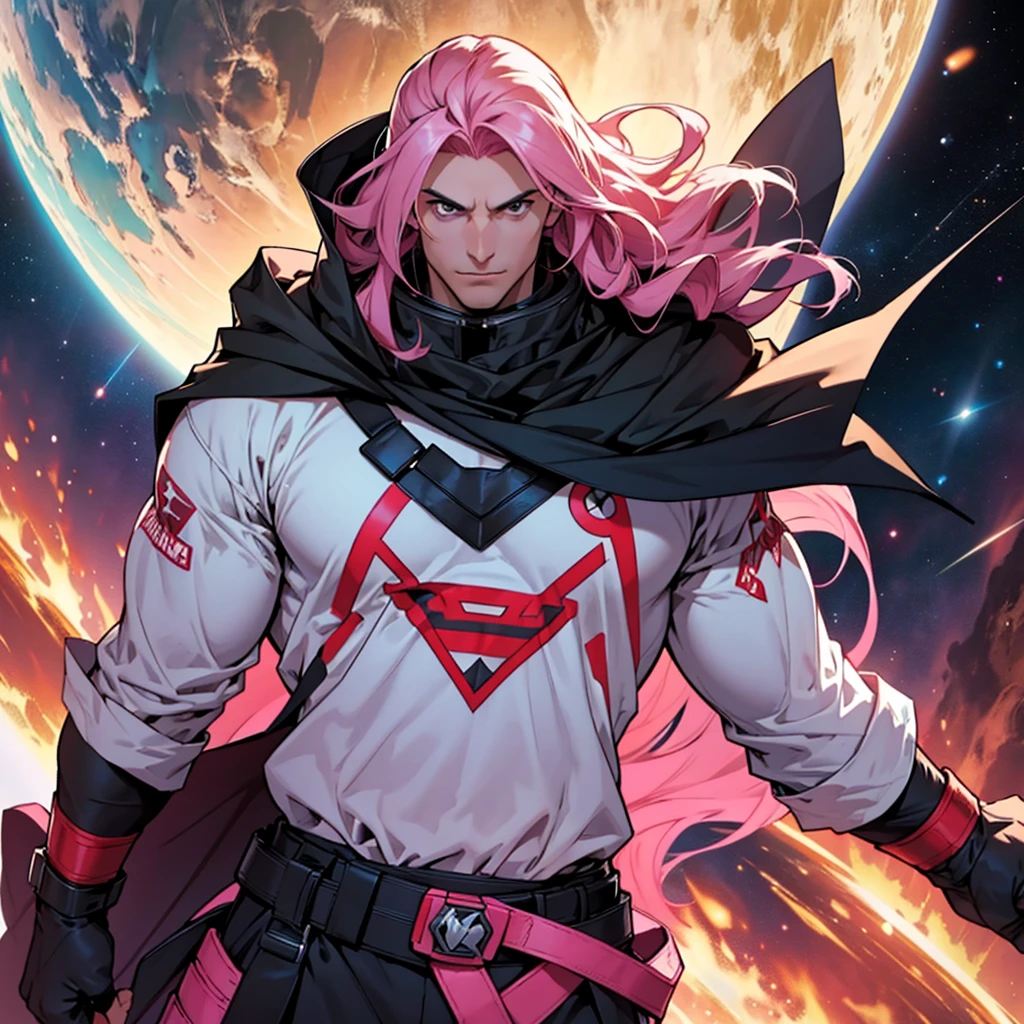A man who is a big warrior with long pink hair and black eyes dressed in a superhero costume with the letter "b" on the chest and a large cape with the letter "b" looking at the earth floating in space