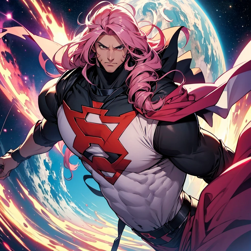 A man who is a big warrior with long pink hair and black eyes dressed in a superhero costume with the letter "b" on the chest and a large cape with the letter "b" looking at the earth floating in space