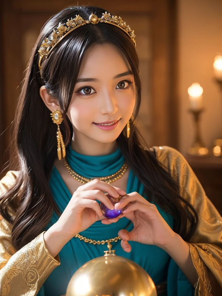 a detailed portrait of Minea the fortune teller from Dragon Quest IV, 1 japanese woman, beautiful detailed eyes, beautiful detailed lips, extremely detailed face and features, long eyelashes, smile,intricate cosplay, alchemist costume, holding a magical crystal ball,fantasy, JRPG, digital painting, cinematic lighting, dramatic pose, warm color palette, masterpiece, 8K, photorealistic, highly detailed, concept art style