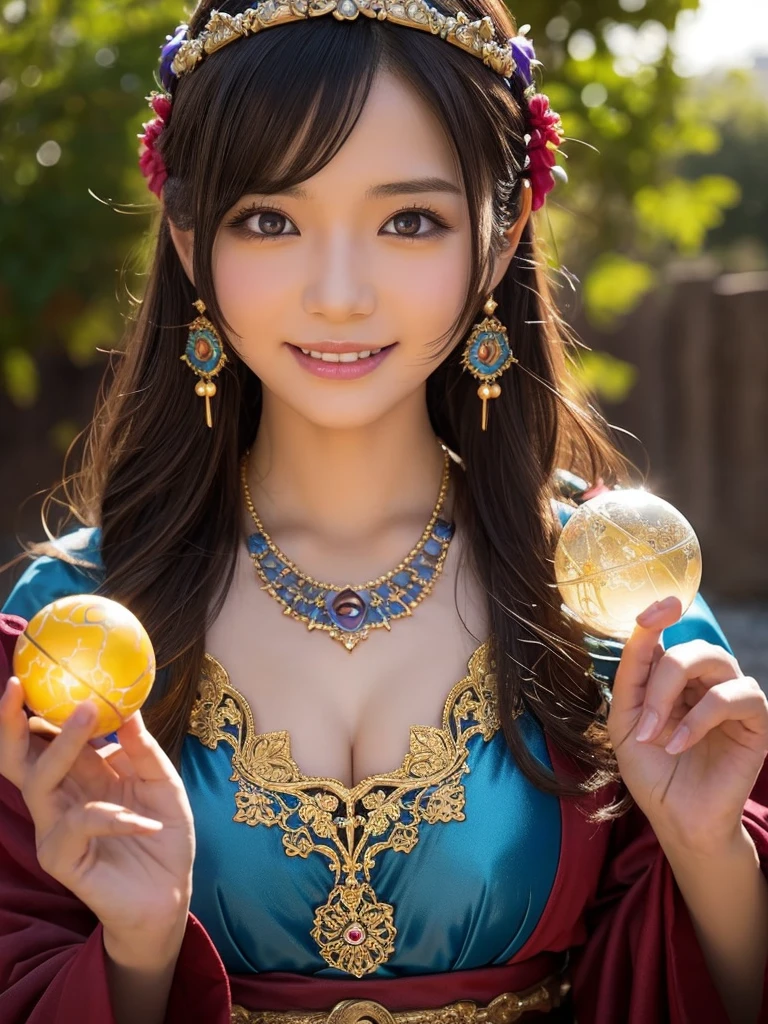 a detailed portrait of Minea the fortune teller from Dragon Quest IV, 1 japanese woman, beautiful detailed eyes, beautiful detailed lips, extremely detailed face and features, long eyelashes, smile,intricate cosplay, alchemist costume, holding a magical crystal ball,fantasy, JRPG, digital painting, cinematic lighting, dramatic pose, warm color palette, masterpiece, 8K, photorealistic, highly detailed, concept art style