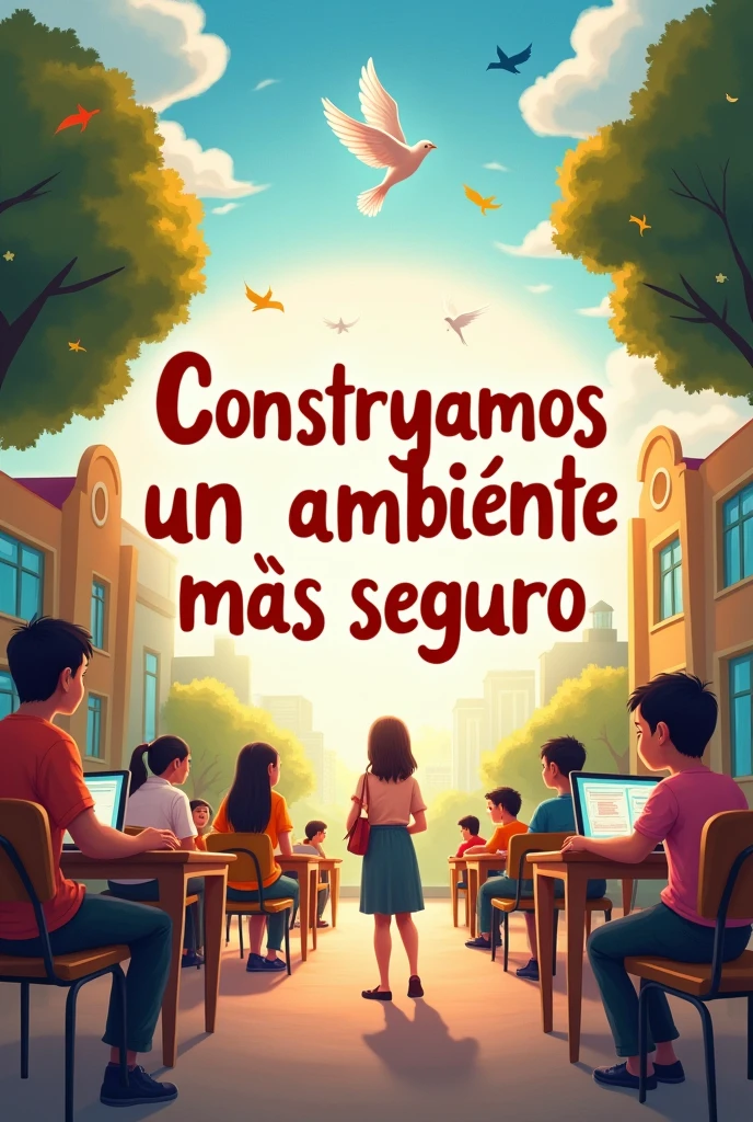 Translate it to English with specific details of what I want:

Create an image that conveys education, peace, and a fight against school violence, and includes the message "Construyamos un ambiente más seguro" in Spanish.
