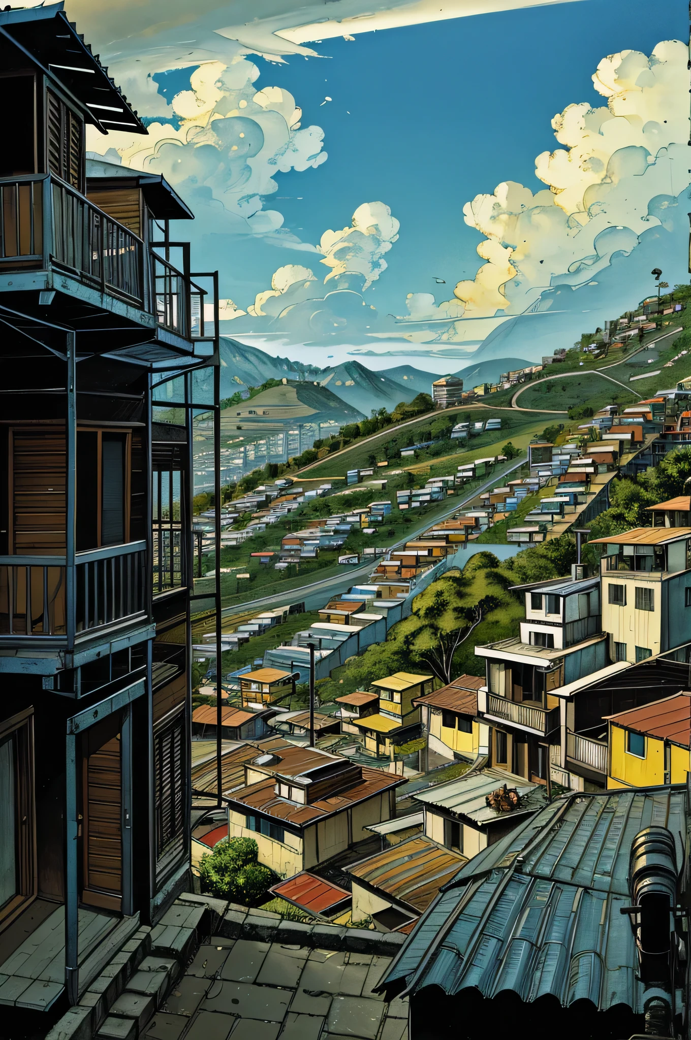 Brazilian favela, morning, sunny day, blue sky, houses, small buildings, staircase, slopes, hills, view of the big city in the distance, with large skyscrapers, cinematic lighting, wide shot, atmospheric perspective, god rays, sideways, from below, UHD, masterpiece, accurate, anatomically correct, textured skin, super detail, high details, high quality, award winning, best quality, highres
