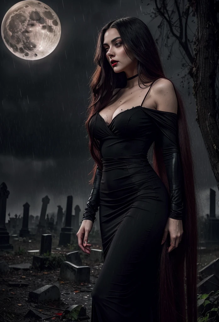 Artwork of a beautiful vampire woman with very red and chapped lips with tasting drops of blood in her mouth, has (((Long hair))) that reaches her waist, brown in color, wearing a long, tight black dress that highlights her slender figure, the environment is an abandoned cemetery (((very dark with full moon))) and gloomy in a (((rainy night))) very perfect and detailed high resolution image