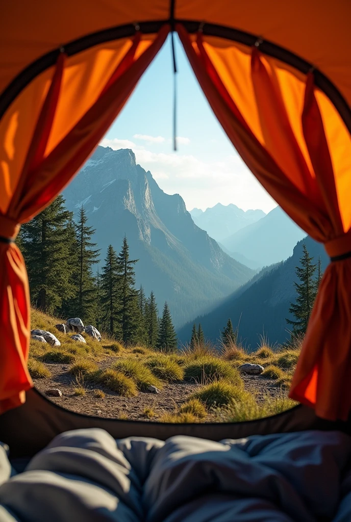 Create a very realistic image,from inside a camping tent,everything is straight static,it is closed