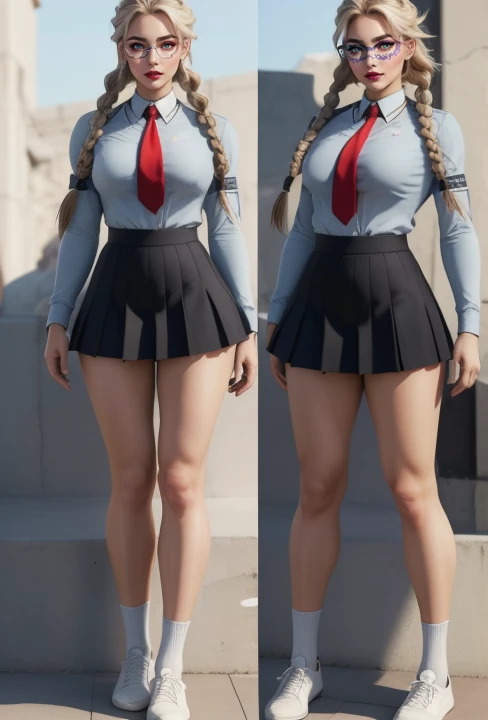 The concept character sheet of a strong, attractive, and hot schoogirl, (school style), wearing school uniform, red tie, black skirt, white socks and black shoes. Her face is oval, forehead is smooth and visibly rounded at the temples. jawline is softly defined, giving her a gentle and feminine appearance, full body, Full of details, frontal body view, back body view, Highly detailed, Depth, Many parts, ((Masterpiece, Highest quality)), 8k, Detailed face, scars, serious expression. Infographic drawing. Multiple sexy poses. tattoos,3d, (braids blond), (light blue eyes), choker, glasses