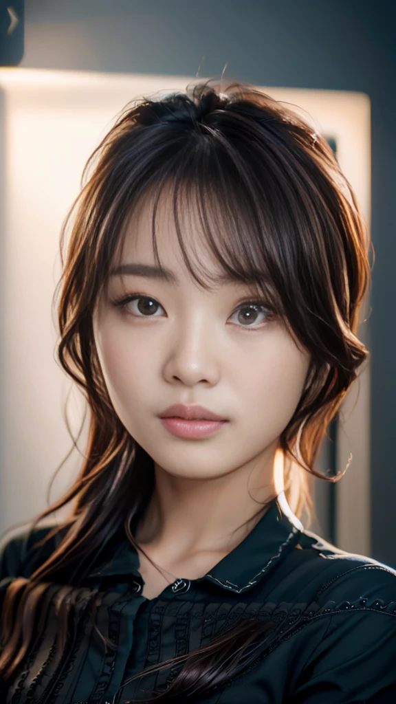 1japanese girl, brown hair, long hair,black shirt,blue pants,cool face,丸い形をした nose, black eyes,best quality, masterpiece, ultra high resolution, super detailed, photorealistic, intricate details, cinematic lighting, dramatic shadows, muted color palette, seamless blending, highly realistic, volumetric lighting, depth of field, hyperrealism, award-winning photography,upper body,from front,white background,looking at viewer、垂れ目、big eyes