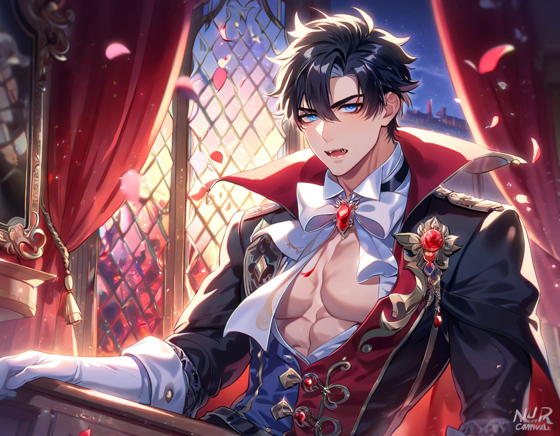 absurdres, highres, ultra detailed, HDR, master piece, best quality, perfect face, beautiful eyes, Wriothesley, black hair, expressive blue eyes, Genshin Impact, solo, sexy man, handsome, horny, lewd, vampire clothes, black cape, white gloves, accessories, showing the chest, vampire, fangs, luxurious room, night, window, red curtains, petals, magical, fantasy, Nu Carnival