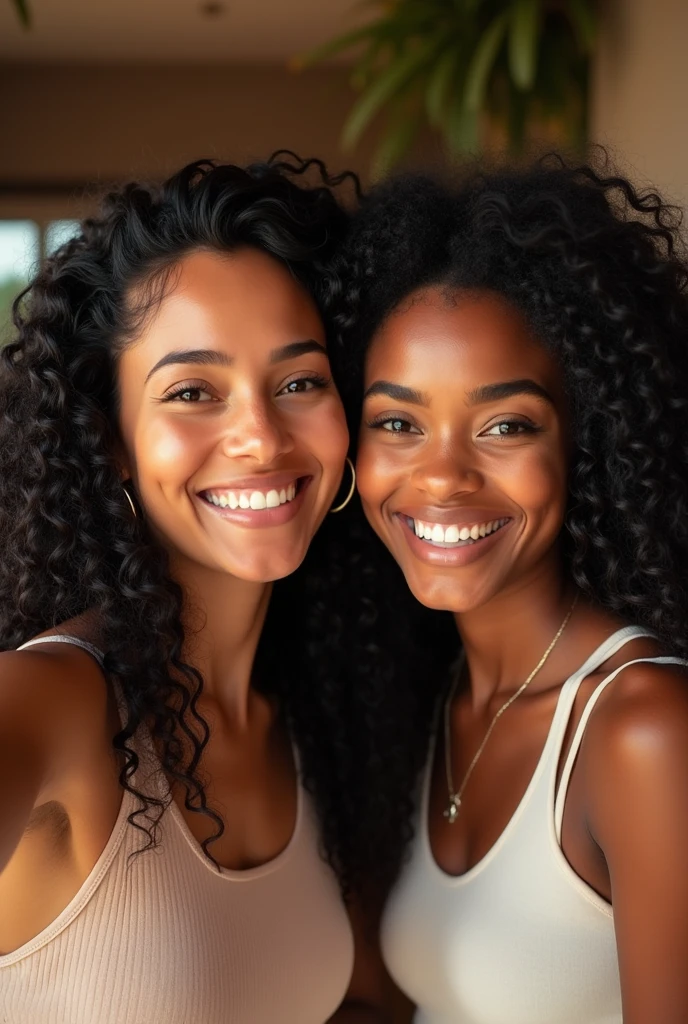 there is a black woman , the woman has curly black curly, she has dark skin, with dark brownish skin, with long curly, long black curly hair she is taking a long shot selfie with her friend