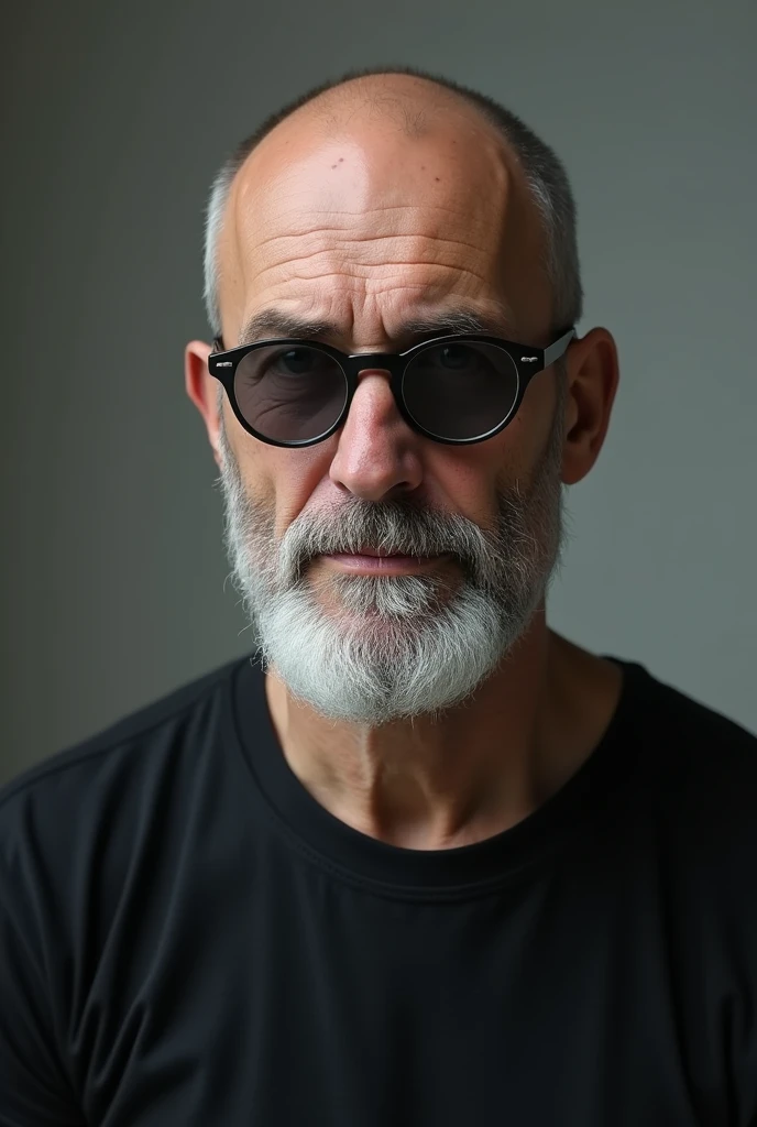Caucasian man with white beard , Aquiline nose completely bald at 40 years old sad look ,round dark gray lenses glasses, black t-shirt