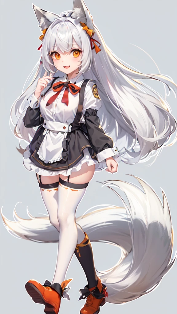 (score_9, score_8_up:1.1),score_7_up,zPDXL, 1girl, solo, tail, animal ears, long hair, maid dress, maid apron, pantyhose, fox tail, standing, fox ears, multiple tails, ribbon, (((white hair))), shirt, opened mouth, long sleeves, boots, full body, black footwear, fox shadow puppet, half closed eyes looking at viewer, animal ear fluff, white shirt, simple background, very long hair, brown pantyhose, smile, big breasts, hair between eyes, orange eyes, jacket, frills, yellow eyes, neck ribbon, red ribbon, shadow, multicolowhite hair, wing collar, hair ribbon, black pantyhose, slit pupils, double tooth, two-tone hair, ,detail1eye,