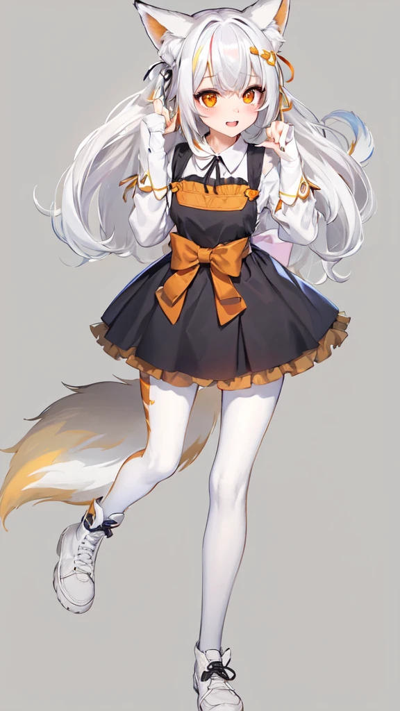 (score_9, score_8_up:1.1),score_7_up,zPDXL, 1girl, solo, tail, animal ears, long hair, maid dress, maid apron, pantyhose, fox tail, standing, fox ears, multiple tails, ribbon, (((white hair))), shirt, opened mouth, long sleeves, boots, full body, black footwear, fox shadow puppet, half closed eyes looking at viewer, animal ear fluff, white shirt, simple background, very long hair, brown pantyhose, smile, big breasts, hair between eyes, orange eyes, jacket, frills, yellow eyes, neck ribbon, red ribbon, shadow, multicolowhite hair, wing collar, hair ribbon, black pantyhose, slit pupils, double tooth, two-tone hair, ,detail1eye,