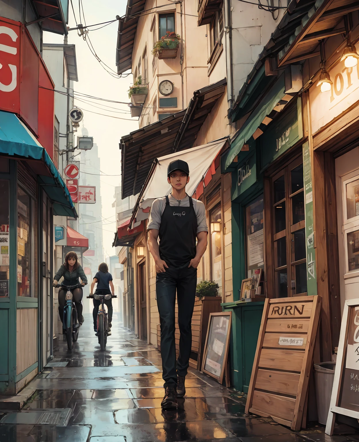Photo of a cafe, wet street, buildings, busy street, cycle, garbage, nostalgia, ultra quality, hyper detailed,