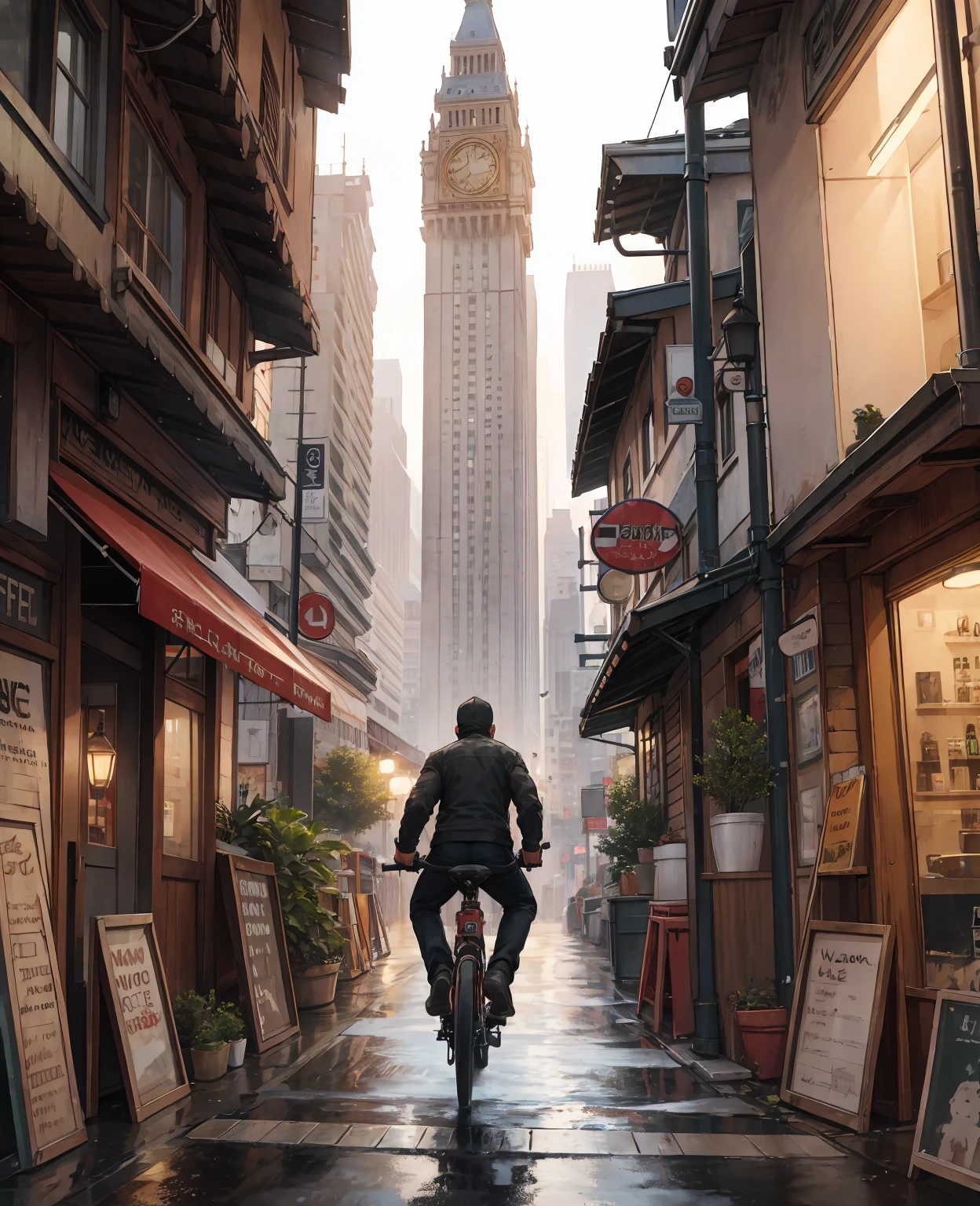 Photo of a cafe, wet street, buildings, busy street, cycle, garbage, nostalgia, ultra quality, hyper detailed,