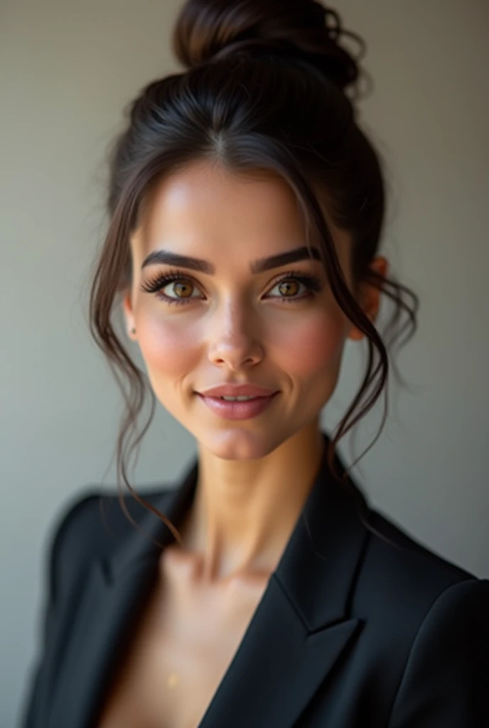 Create an image of Laura, a 35-year-old financial manager. Create a realistic image. She has dark brown hair tied into a sleek bun, light brown eyes full of determination, and is wearing a suit.
and sensual.