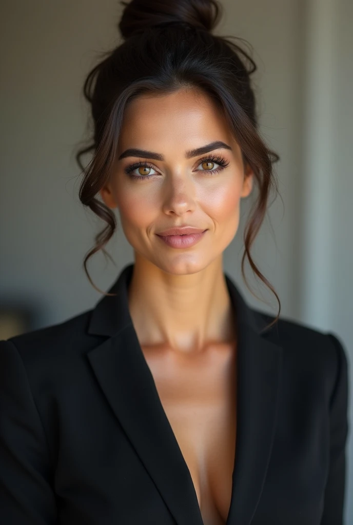 Create an image of Laura, a 35-year-old financial manager. Create a realistic image. She has dark brown hair tied into a sleek bun, light brown eyes full of determination, and is wearing a suit.
and sensual.