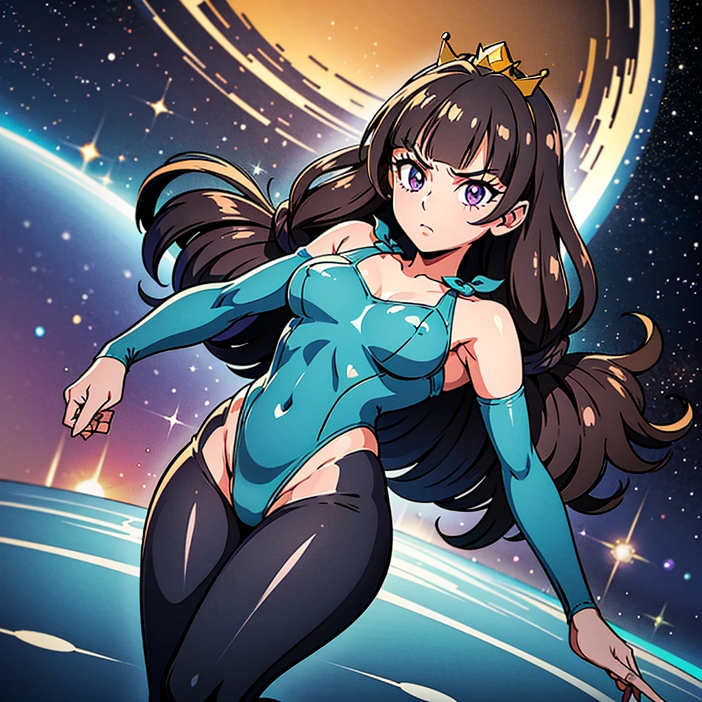 (1 girl), (solo), ((amanogawaki)), best quality, highres, high quality, 8k, HD, super detail, anatomically correct, UHD, accurate, (masterpiece:1.0), (high quality:1.0), (ultra detailed), (Planets on a Galaxy background), Purple Eyes, Looking At viewer, Serious Face, detailed eyes, (Black Leotard), (Black thigh Highs), (perfect hands), (Wearing a crown with an Aqua Gem)