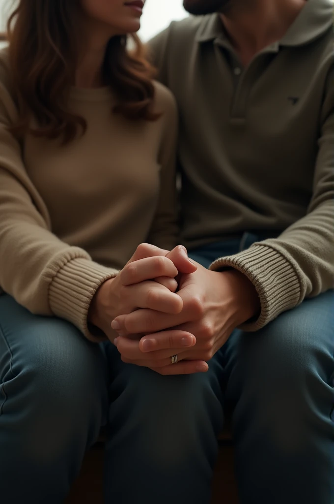 A woman and a man holding hands while sitting., Their faces hidden from view, as seen from behind, so that it can be seen very closely